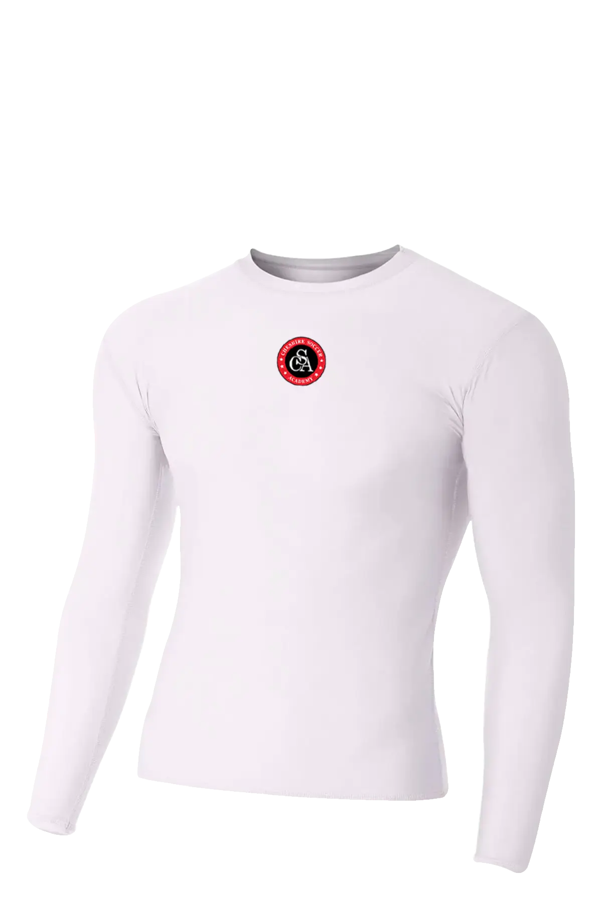 White long-sleeve shirt with a red and black logo on a white background. Cheshire Soccer Academy. Paper Street Print Co, Blairstown, NJ.
