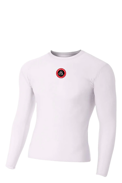 White long-sleeve shirt with a red and black logo on a white background. Cheshire Soccer Academy. Paper Street Print Co, Blairstown, NJ.