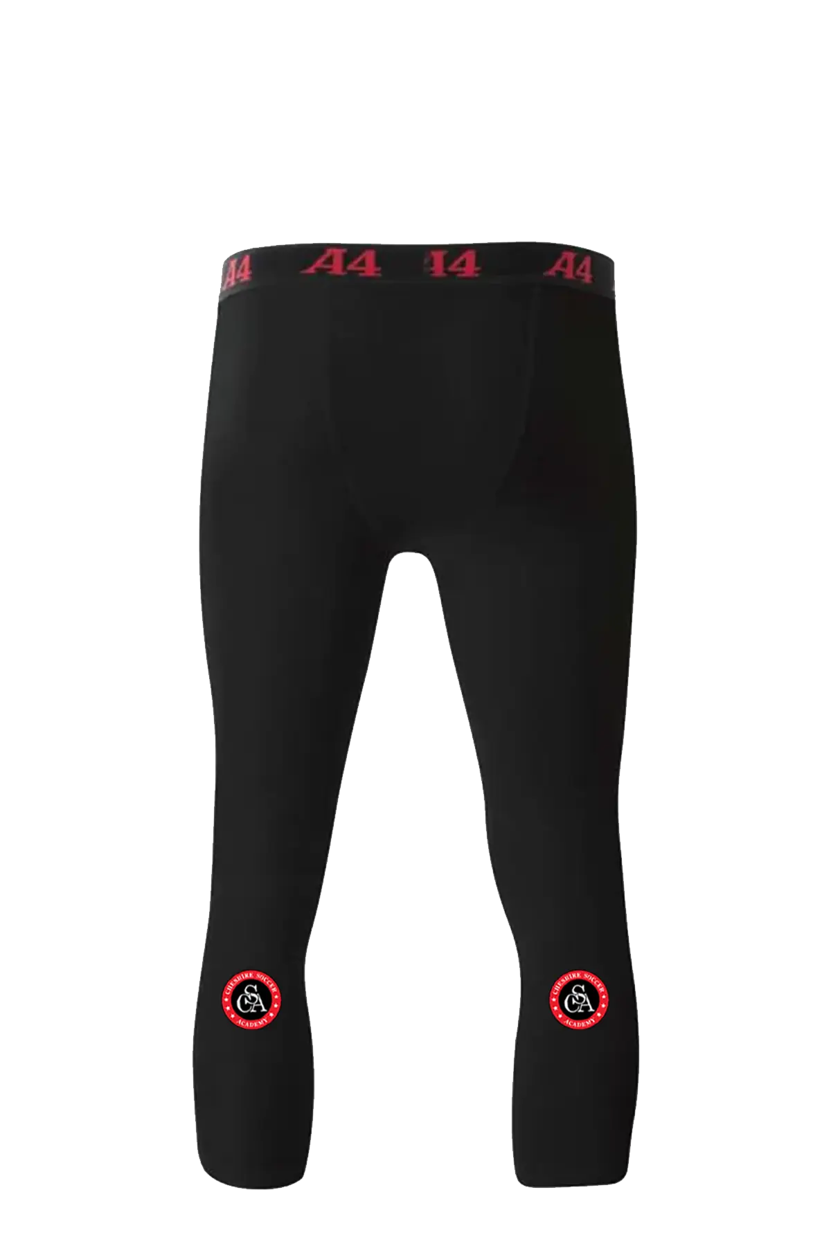 Black leggings with red logos and text on a white background. Cheshire Soccer Academy. Paper Street Print Co, Blairstown, NJ.