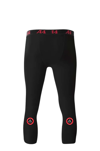 Black leggings with red logos and text on a white background. Cheshire Soccer Academy. Paper Street Print Co, Blairstown, NJ.