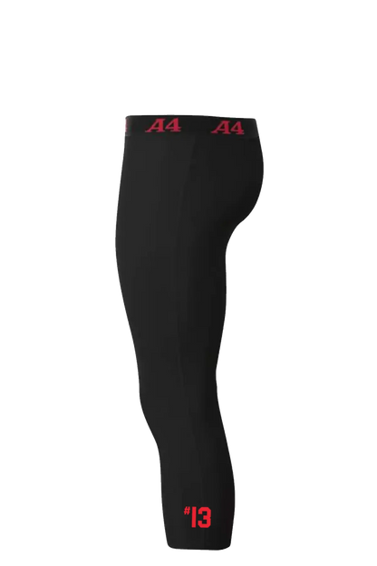 Black compression leggings with red branding and numbers on a white background. Cheshire Soccer Academy. Paper Street Print Co, Blairstown, NJ.