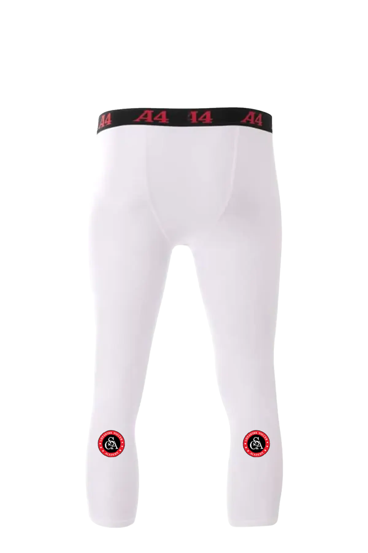 White leggings with black and red accents on a white background. Cheshire Soccer Academy. Paper Street Print Co, Blairstown, NJ.