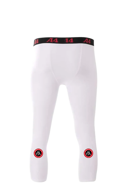 White leggings with black and red accents on a white background. Cheshire Soccer Academy. Paper Street Print Co, Blairstown, NJ.
