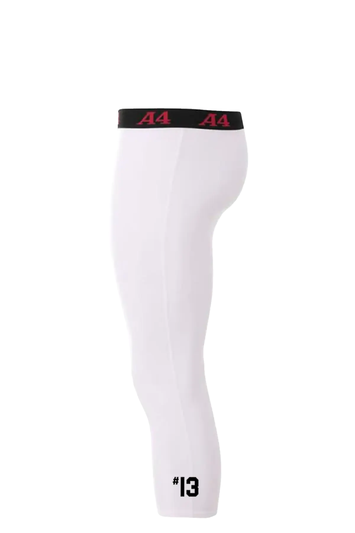 White leggings with black and red waistband on a white background. Cheshire Soccer Academy. Paper Street Print Co, Blairstown, NJ.