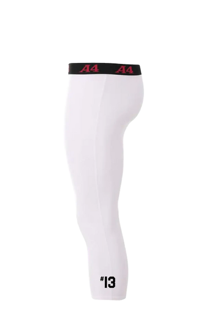 White leggings with black and red waistband on a white background. Cheshire Soccer Academy. Paper Street Print Co, Blairstown, NJ.