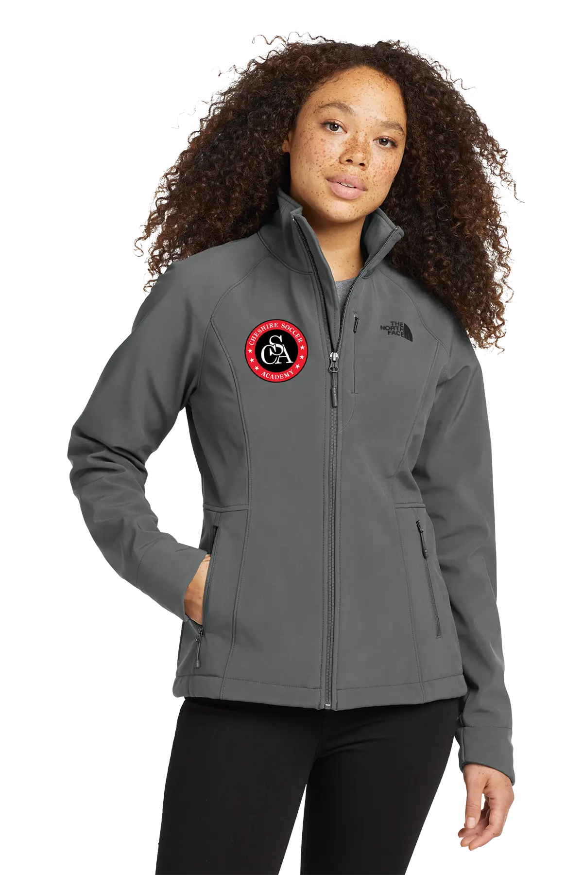 Woman wearing a gray jacket with a logo on a white background. Paper Street Print Co, Blairstown, NJ.