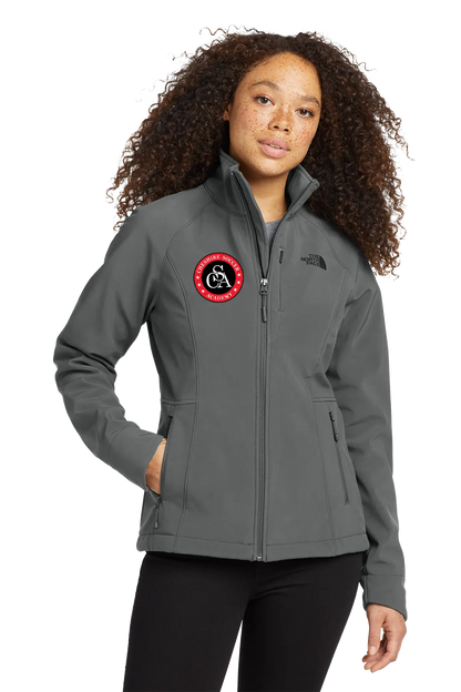 Woman wearing a gray jacket with a logo on a white background. Paper Street Print Co, Blairstown, NJ.