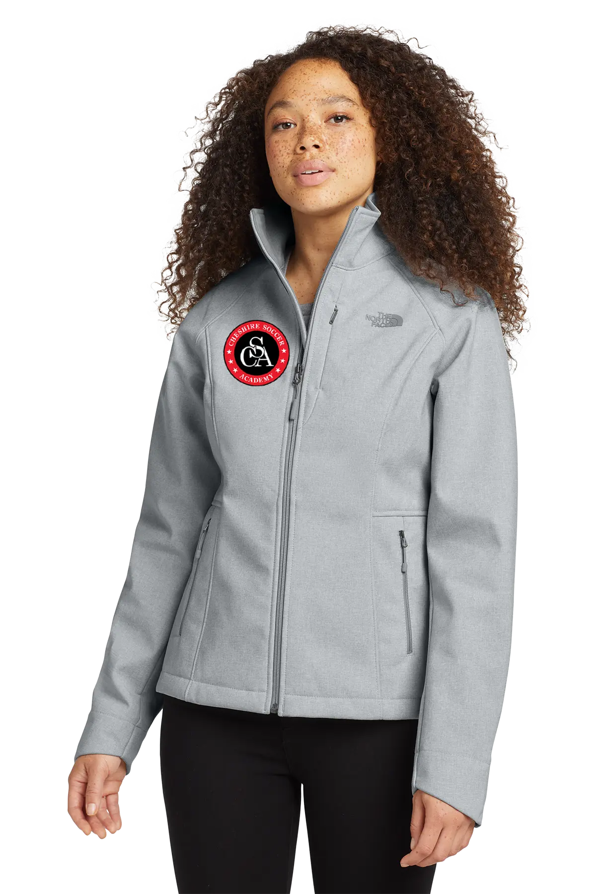Woman wearing a gray jacket with a logo on a white background. Paper Street Print Co, Blairstown, NJ.
