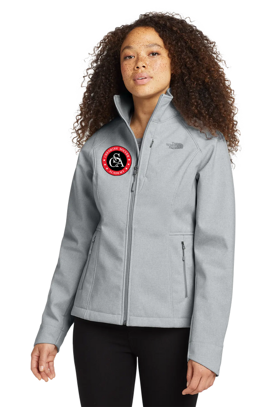 Woman wearing a gray jacket with a logo on a white background. Paper Street Print Co, Blairstown, NJ.