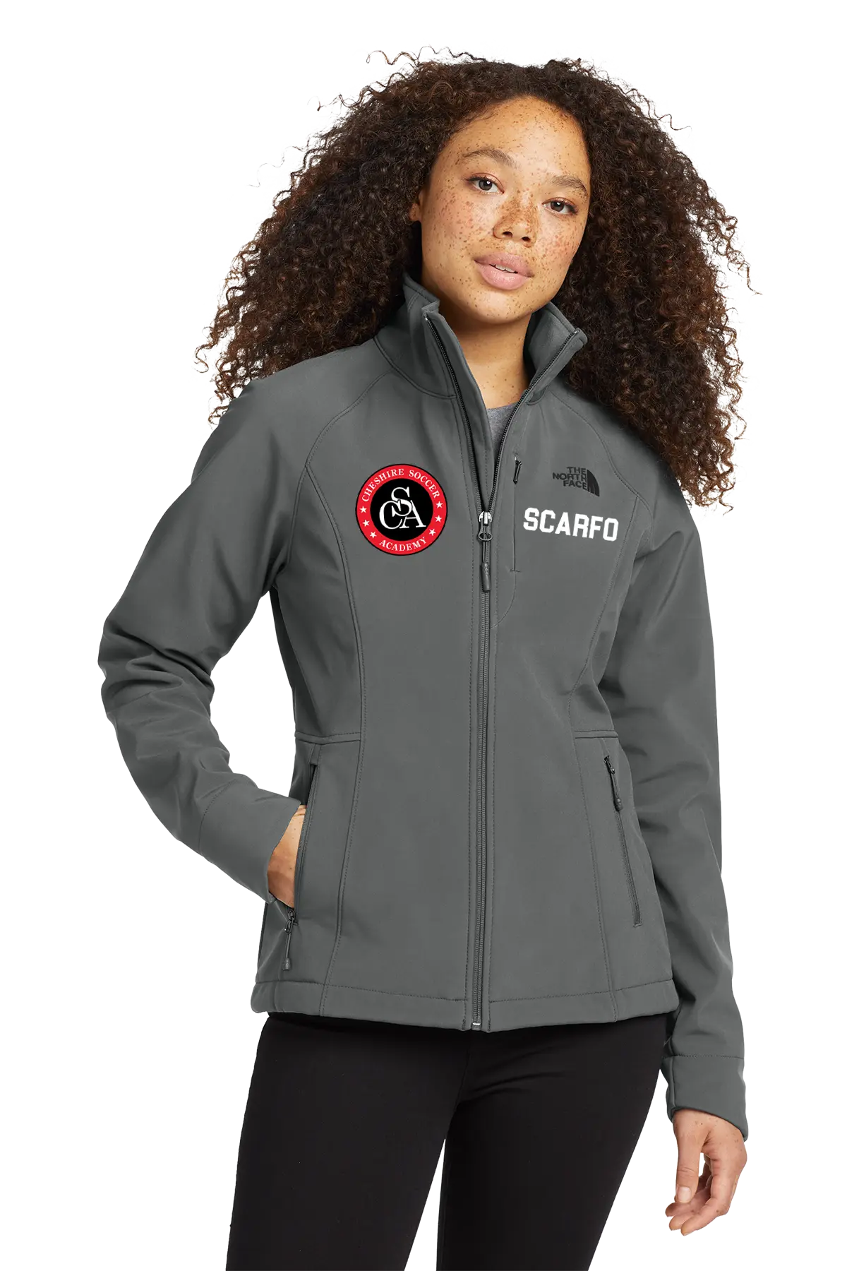 Woman wearing a gray jacket with a logo on a white background. Paper Street Print Co, Blairstown, NJ.