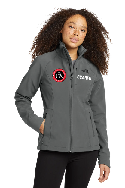 Woman wearing a gray jacket with a logo on a white background. Paper Street Print Co, Blairstown, NJ.