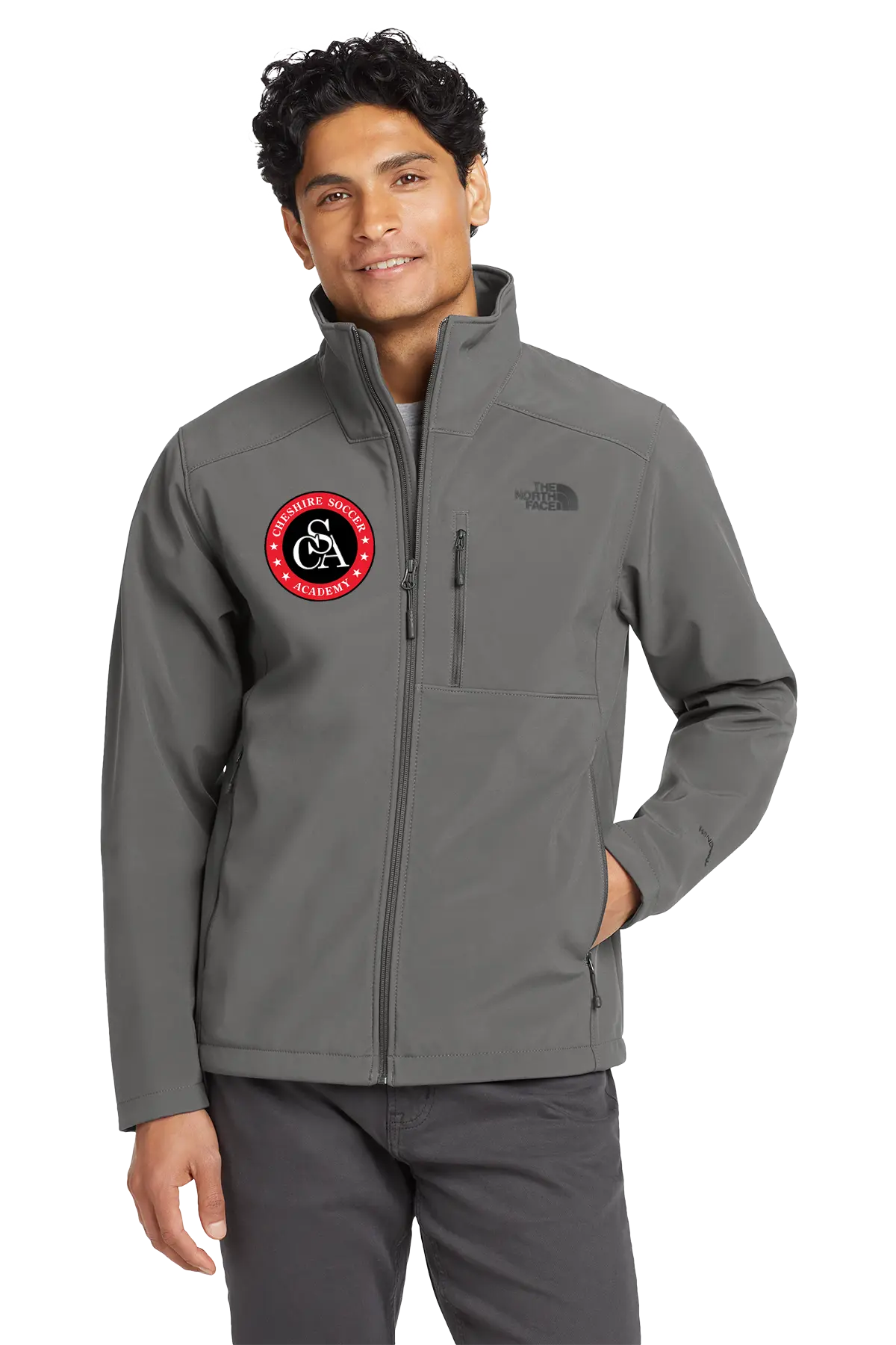Person wearing a gray jacket with a logo on a white background. Paper Street Print Co, Blairstown, NJ.