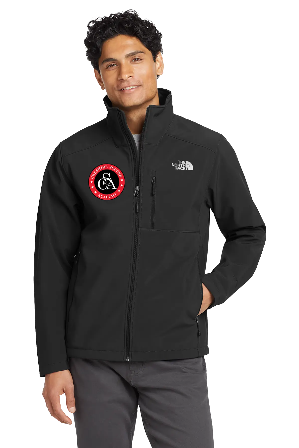 Person wearing a black jacket with a logo on a white background. Paper Street Print Co, Blairstown, NJ.