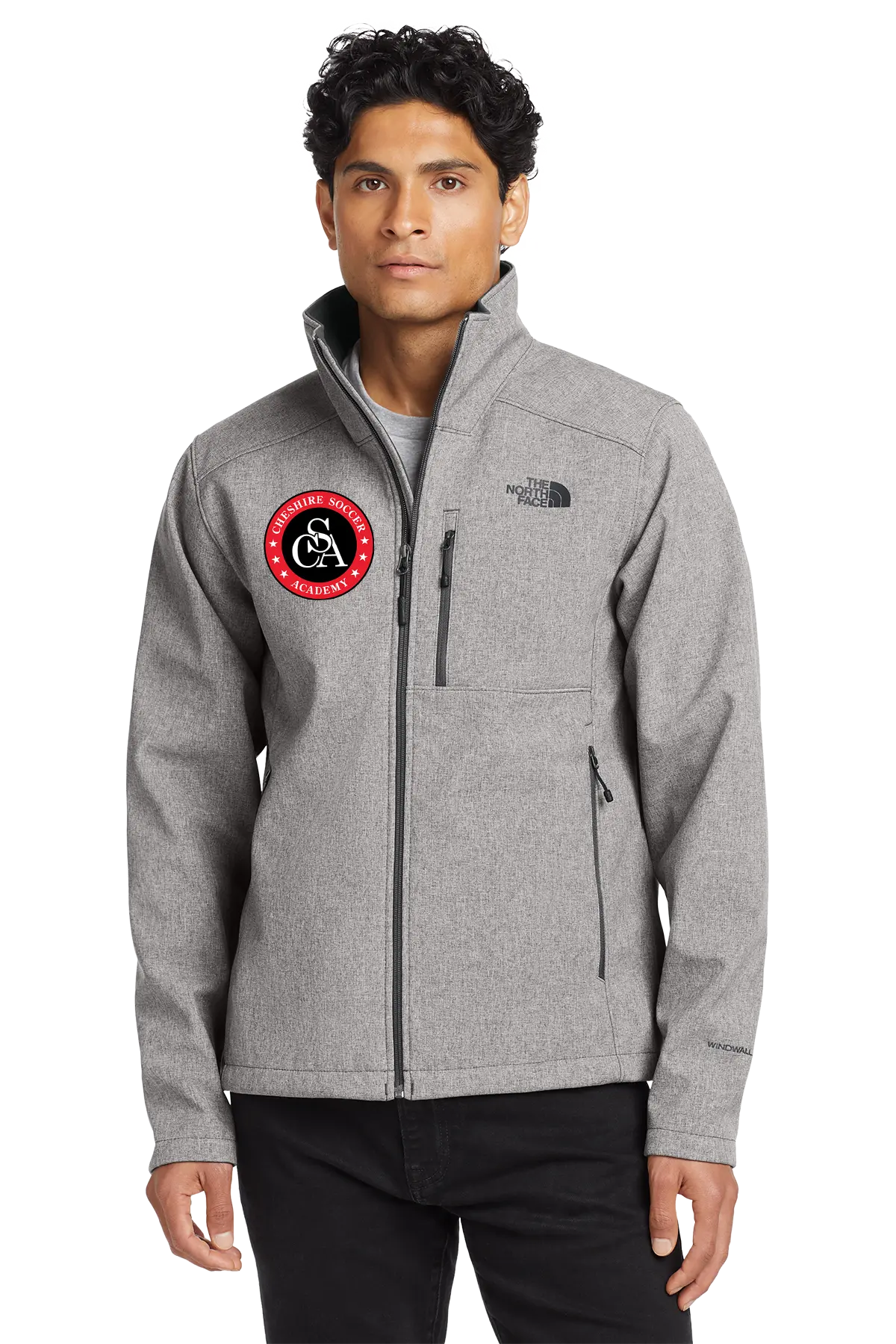 Man wearing a gray jacket with a logo on a white background. Paper Street Print Co, Blairstown, NJ.