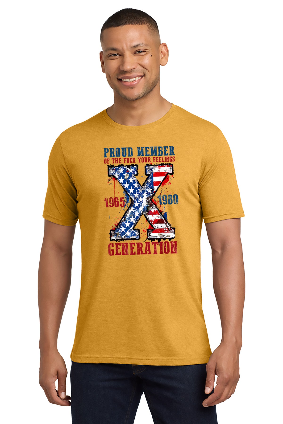 Man wearing a mustard yellow t-shirt with a graphic design on a white background - Paper Street Print Co, Blairstown, NJ.