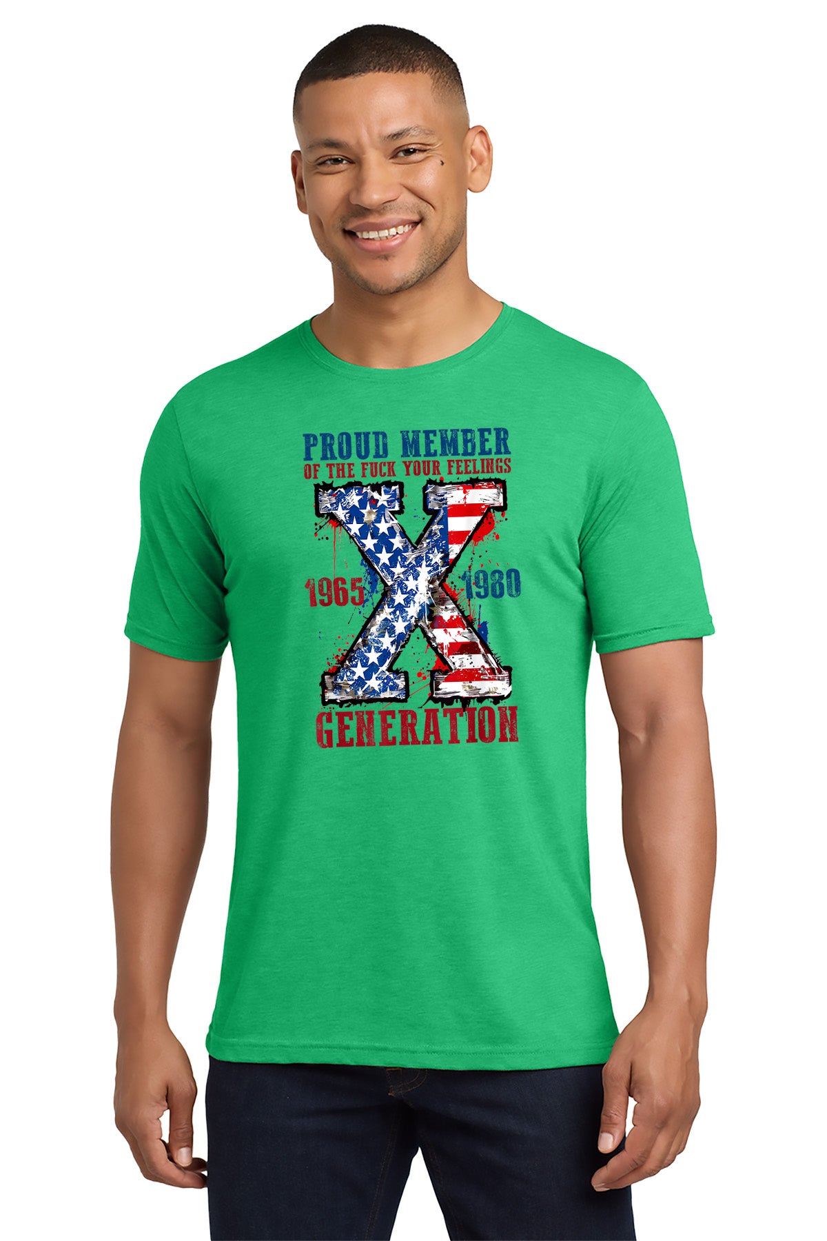 Man wearing a green t-shirt with a graphic design on a white background - Paper Street Print Co, Blairstown, NJ.