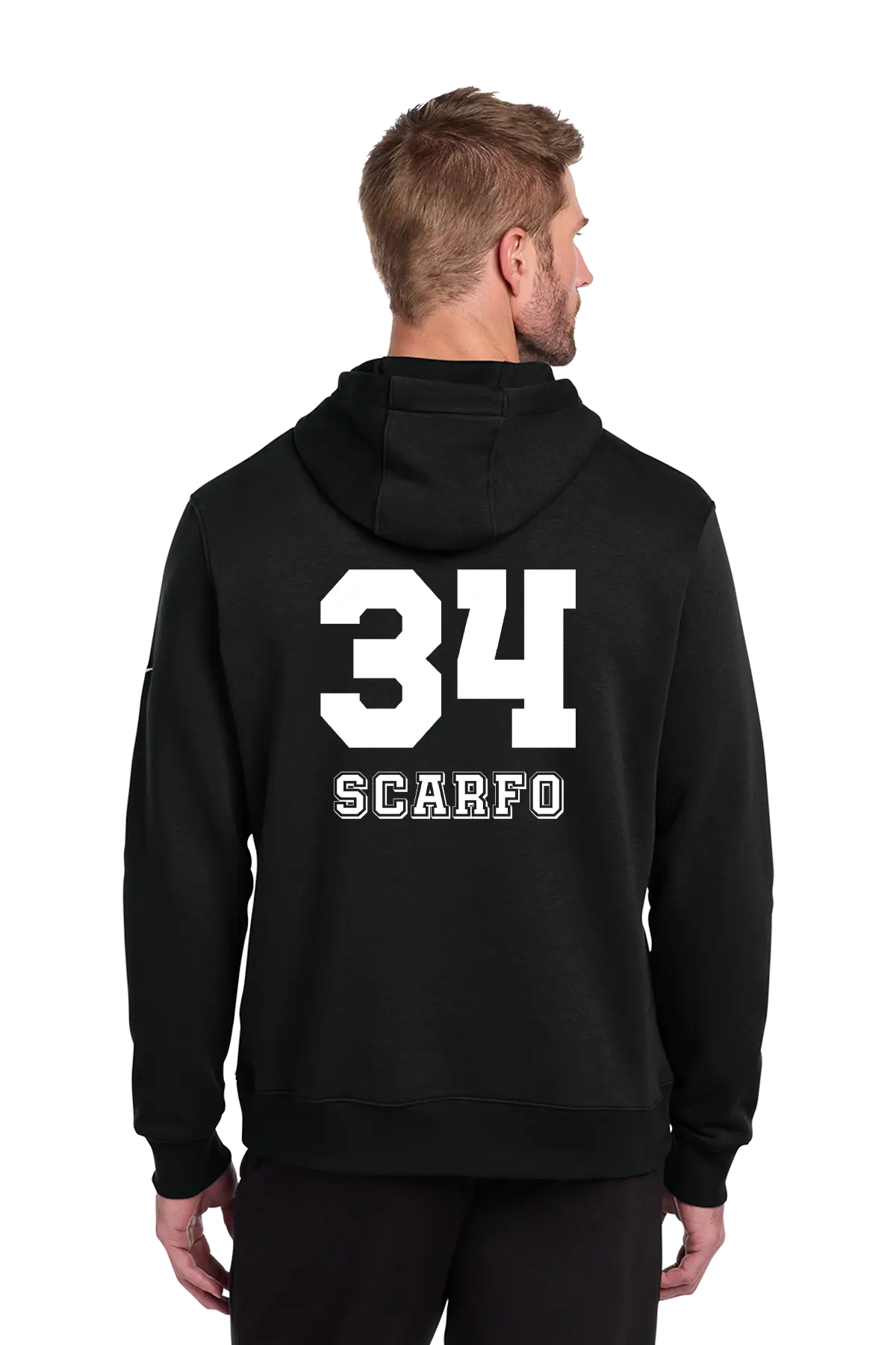 A man viewed from the back wearing a black hoodie with large white '34' and 'SCARFO' text printed on the back. Paper Street Print Co, Blairstown, NJ.
