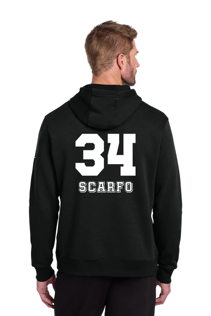 A man viewed from the back wearing a black hoodie with large white '34' and 'SCARFO' text printed on the back. Paper Street Print Co, Blairstown, NJ.