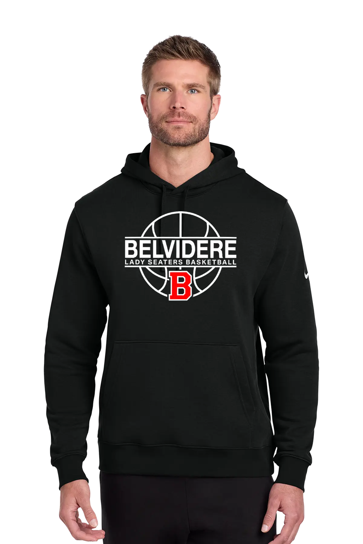 A man wearing a black pullover hoodie with a white and red 'Belvidere Lady Seaters Basketball' graphic on the chest, featuring a red 'B' logo. A small white Nike swoosh is visible on the right sleeve. Paper Street Print Co, Blairstown, NJ.