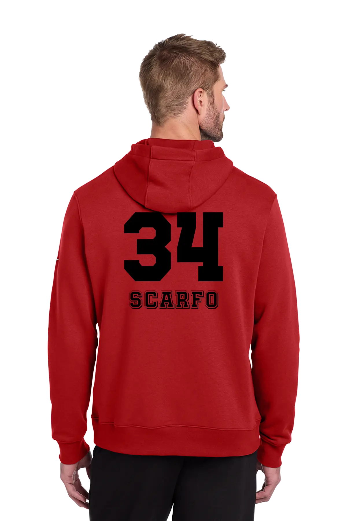 A man viewed from the back wearing a red pullover hoodie with a large black '34' and the word 'SCARFO' printed on the back. Paper Street Print Co, Blairstown, NJ.