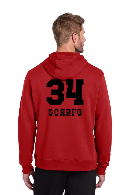 A man viewed from the back wearing a red pullover hoodie with a large black '34' and the word 'SCARFO' printed on the back. Paper Street Print Co, Blairstown, NJ.