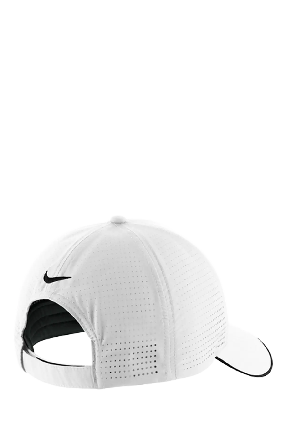 White Nike running cap with a perforated texture, black swoosh logo, and adjustable back strap, shown from a rear three-quarter angle on a white background, Belvidere Lady Seaters Basketball, Paper Street Print Co, Blairstown, NJ.