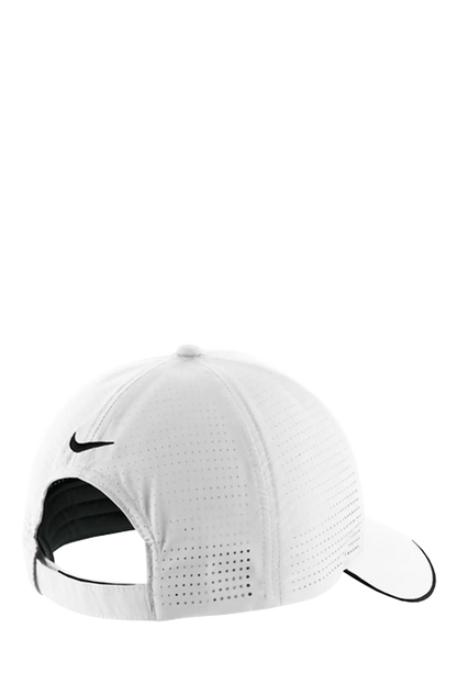 White Nike running cap with a perforated texture, black swoosh logo, and adjustable back strap, shown from a rear three-quarter angle on a white background, Belvidere Lady Seaters Basketball, Paper Street Print Co, Blairstown, NJ.
