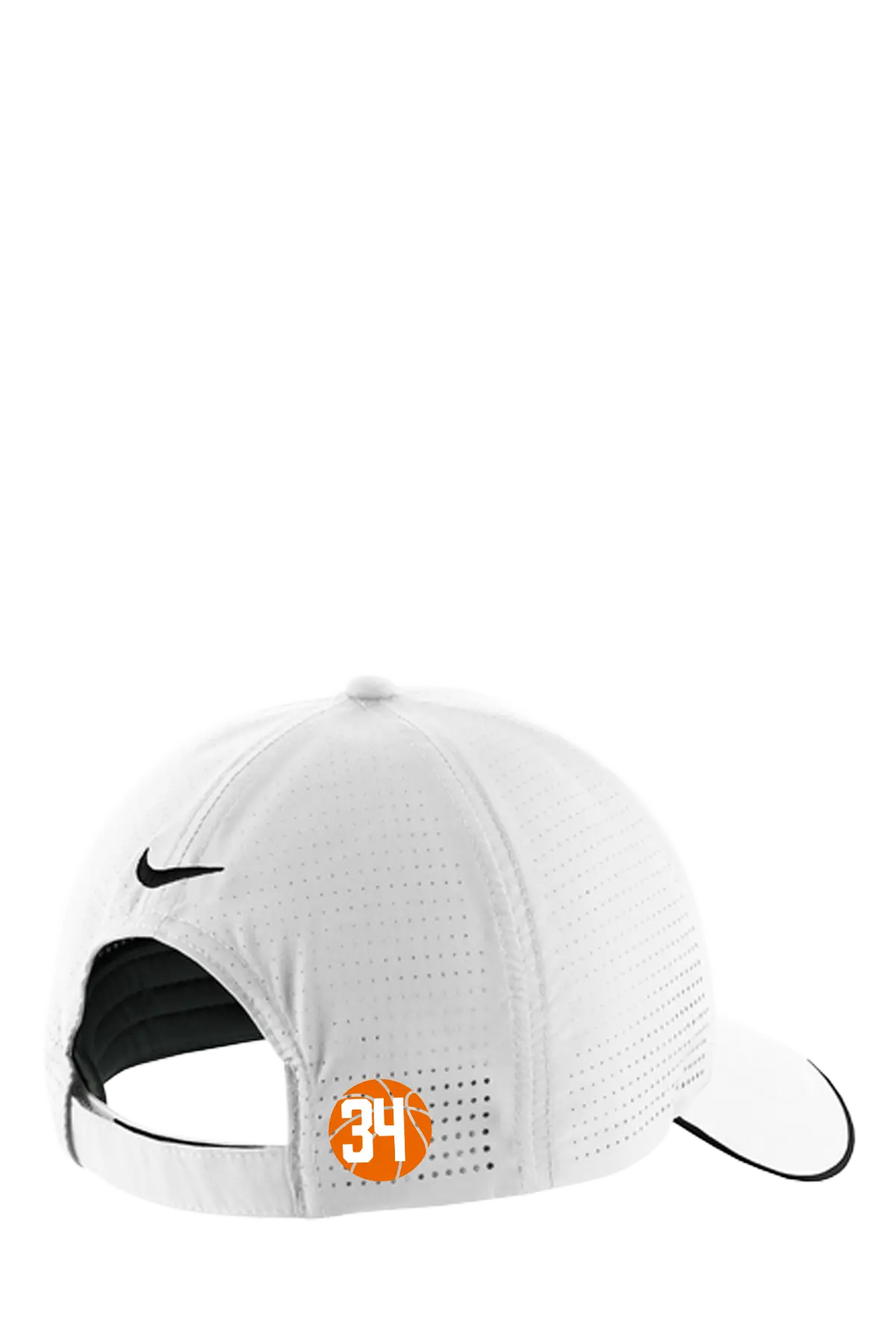 White Nike performance baseball cap shown from the back, featuring a black swoosh logo, a black interior lining, and an orange circular patch with the number 34. Belvidere Lady Seaters Basketball, Paper Street Print Co, Blairstown, NJ.
