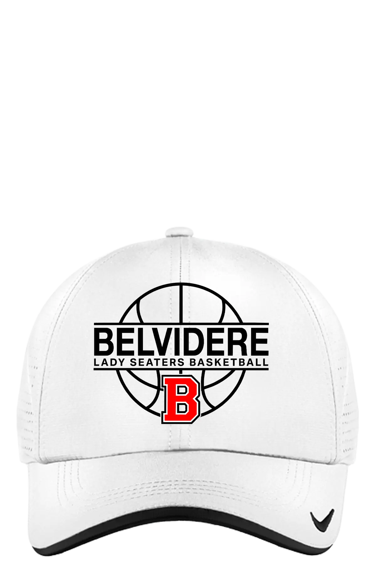 A white structured baseball cap with a black mesh back, featuring a front graphic for 'Belvidere Lady Seaters Basketball' with a basketball design, a red 'B' logo, and a small black swoosh on the brim. Paper Street Print Co, Blairstown, NJ.