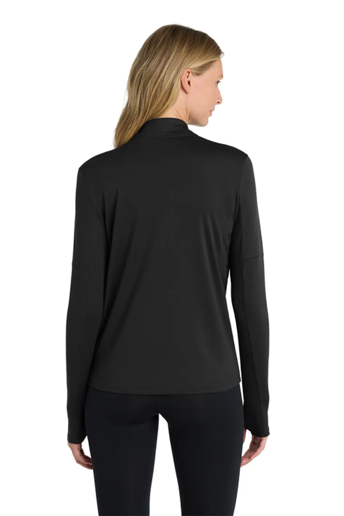 A woman shown from the back wearing a black long-sleeve mock neck athletic top and black leggings against a plain white background. Belvidere Lady Seaters Basketball, Paper Street Print Co, Blairstown, NJ.
