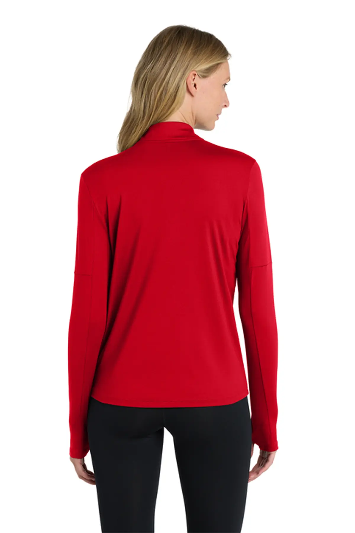 A woman shown from the back wearing a bright red long-sleeve mock neck top and black pants against a plain white background. Belvidere Lady Seaters Basketball, Paper Street Print Co, Blairstown, NJ.