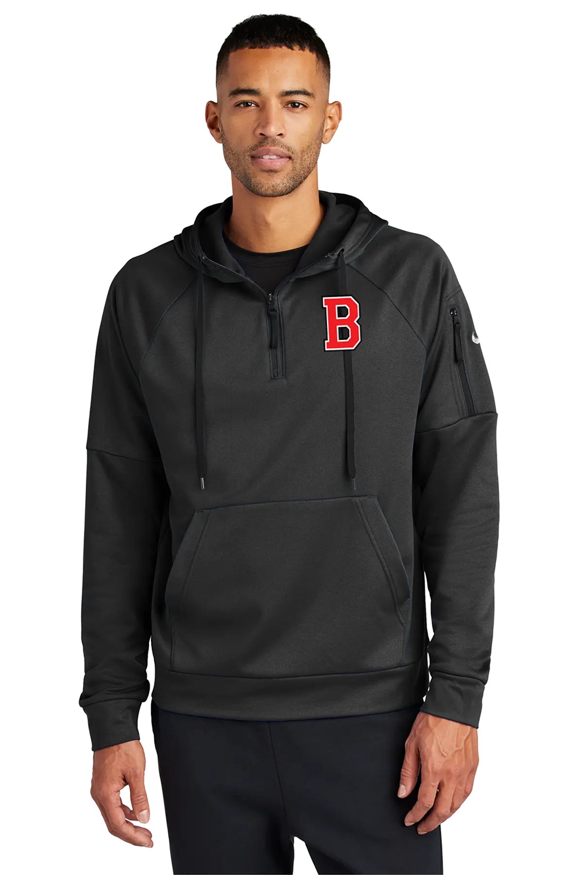 A man wearing a black pullover hoodie with a red Boston 'B' logo on the chest, photographed against a plain white background. Belvidere Lady Seaters Basketball, Paper Street Print Co, Blairstown, NJ.