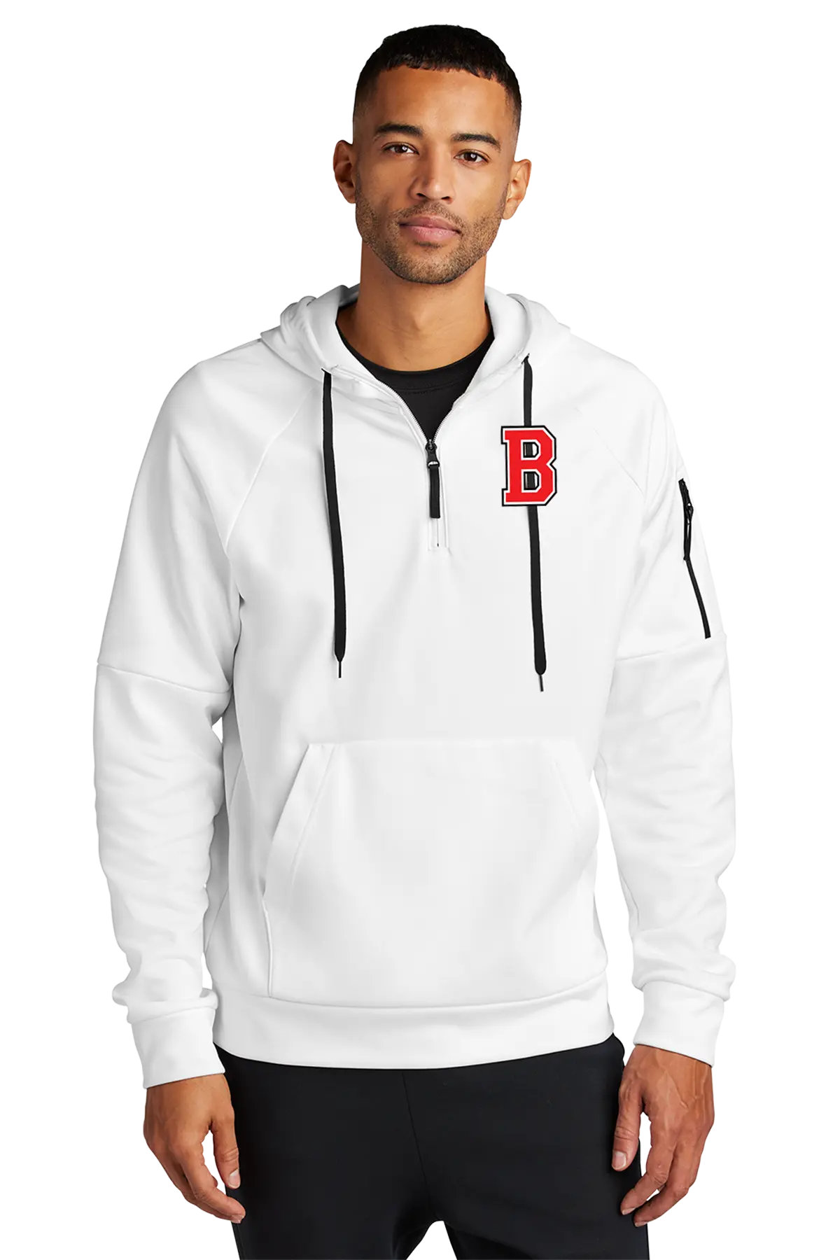 A man wearing a white half-zip hoodie with a red 'B' logo on the chest, black drawstrings, and black pants, photographed against a plain white background. Belvidere Lady Seaters Basketball, Paper Street Print Co, Blairstown, NJ.