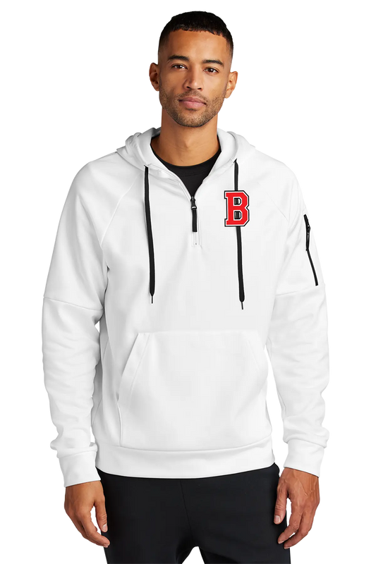 A man wearing a white half-zip hoodie with a red 'B' logo on the chest, black drawstrings, and black pants, photographed against a plain white background. Belvidere Lady Seaters Basketball, Paper Street Print Co, Blairstown, NJ.