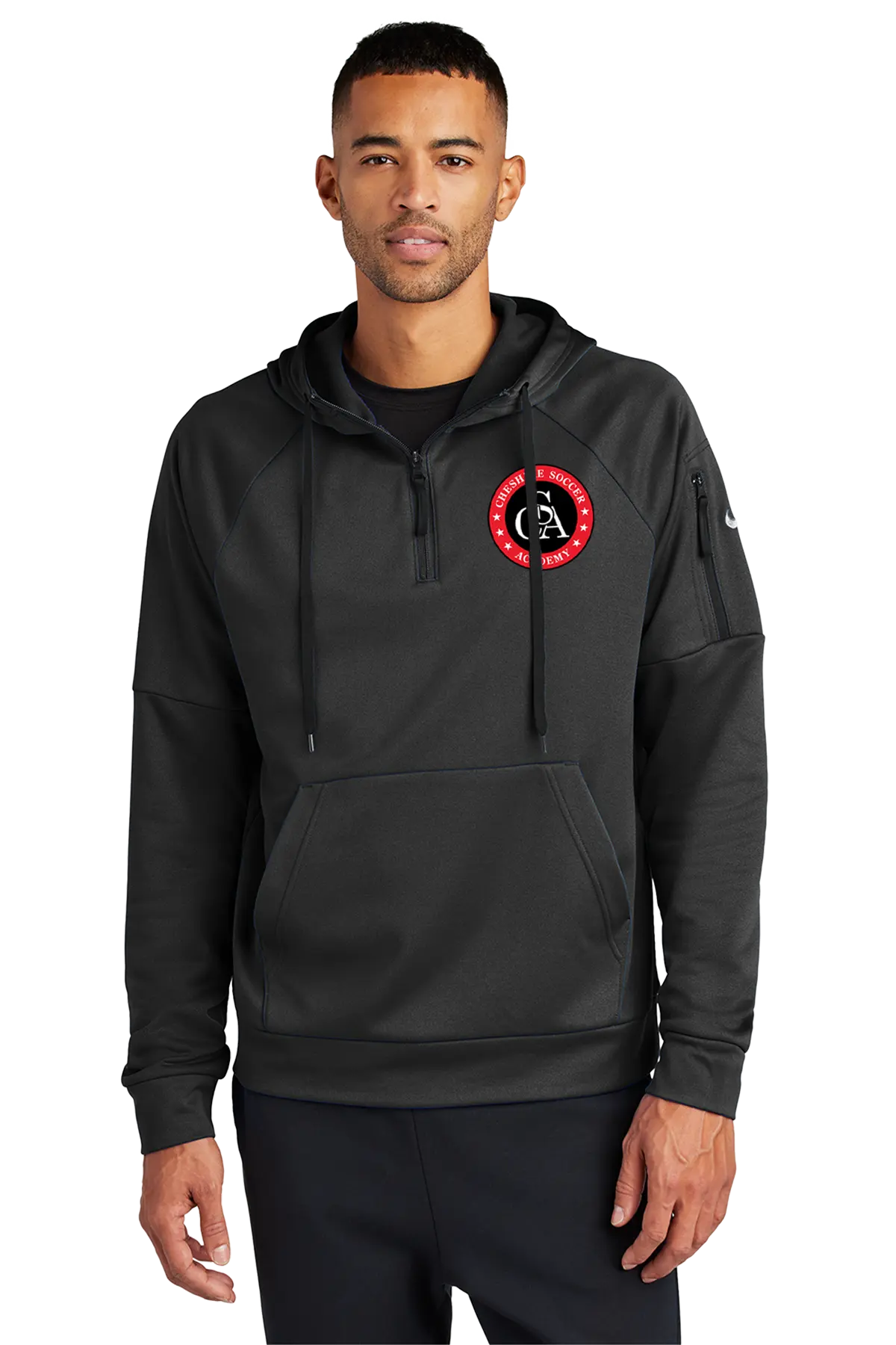Man wearing a black hoodie with a red and white logo on a white backgroundPaper Street Print Co, Blairstown, NJ.