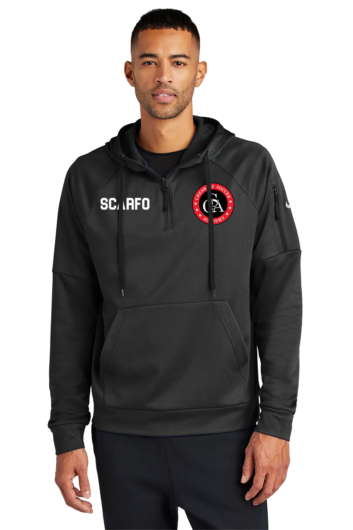 Man wearing a black hoodie with a logo and text on a white background. Paper Street Print Co, Blairstown, NJ.