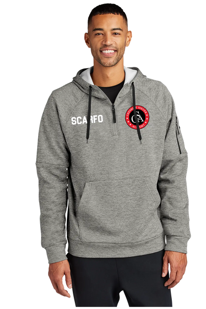 Man wearing a gray hoodie with branding on a white background. Paper Street Print Co, Blairstown, NJ.