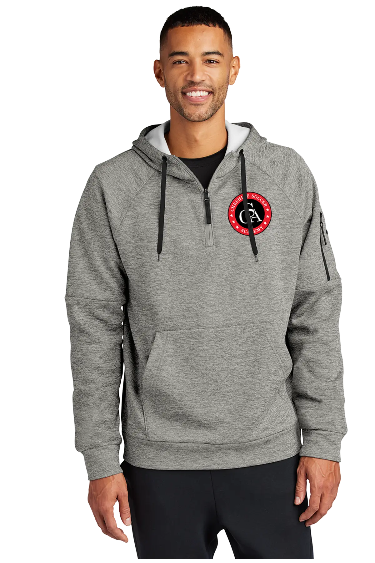 Man wearing a gray hoodie with a logo on a white backgroundPaper Street Print Co, Blairstown, NJ.
