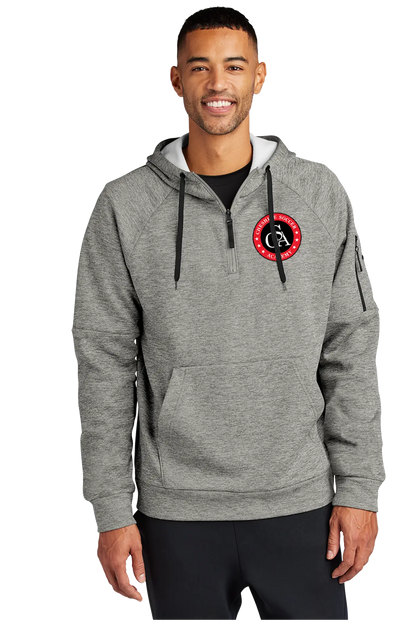 Man wearing a gray hoodie with a logo on a white backgroundPaper Street Print Co, Blairstown, NJ.