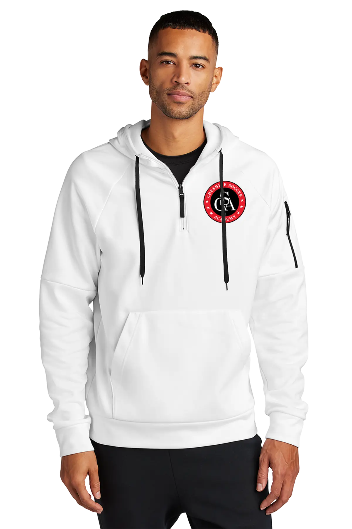 Man wearing a white hoodie with a red and black logo on a white background. Paper Street Print Co, Blairstown, NJ.
