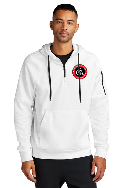 Man wearing a white hoodie with a red and black logo on a white background. Paper Street Print Co, Blairstown, NJ.