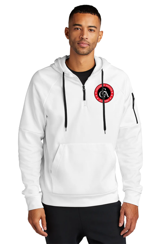 Man wearing a white hoodie with a red and black logo on a white background. Paper Street Print Co, Blairstown, NJ.
