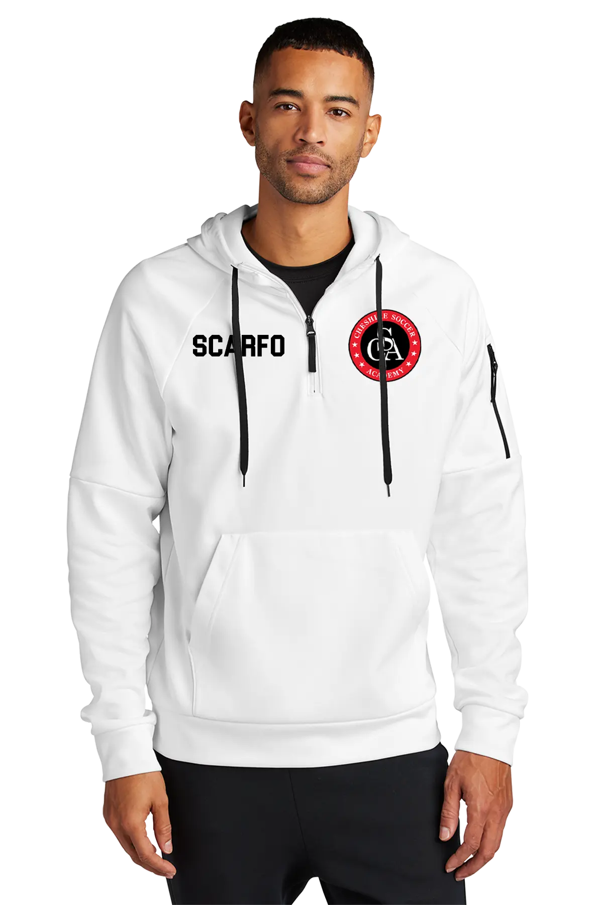 Man wearing a white hoodie with a logo and text on a white background. Paper Street Print Co, Blairstown, NJ.