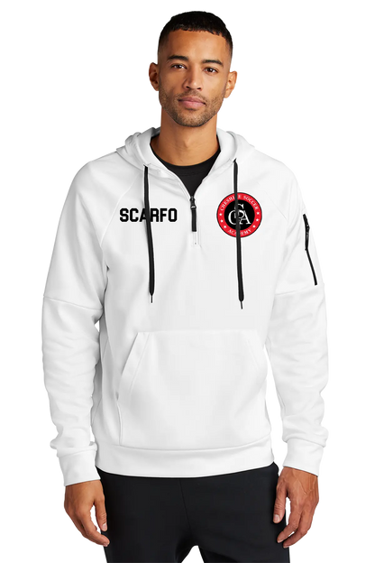 Man wearing a white hoodie with a logo and text on a white background. Paper Street Print Co, Blairstown, NJ.