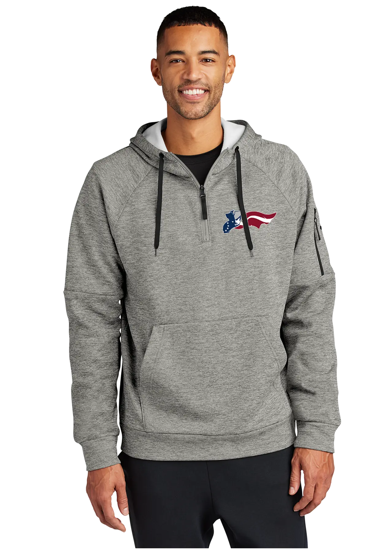 Man wearing a gray hoodie with a logo on a white background. Paper Street Print Co, Blairstown, NJ.