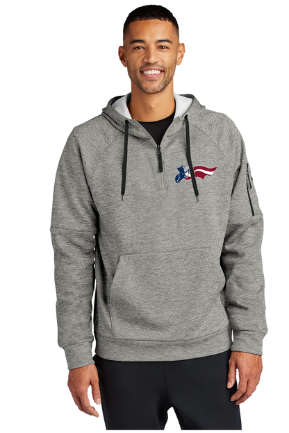 Man wearing a gray hoodie with a logo on a white background. Paper Street Print Co, Blairstown, NJ.