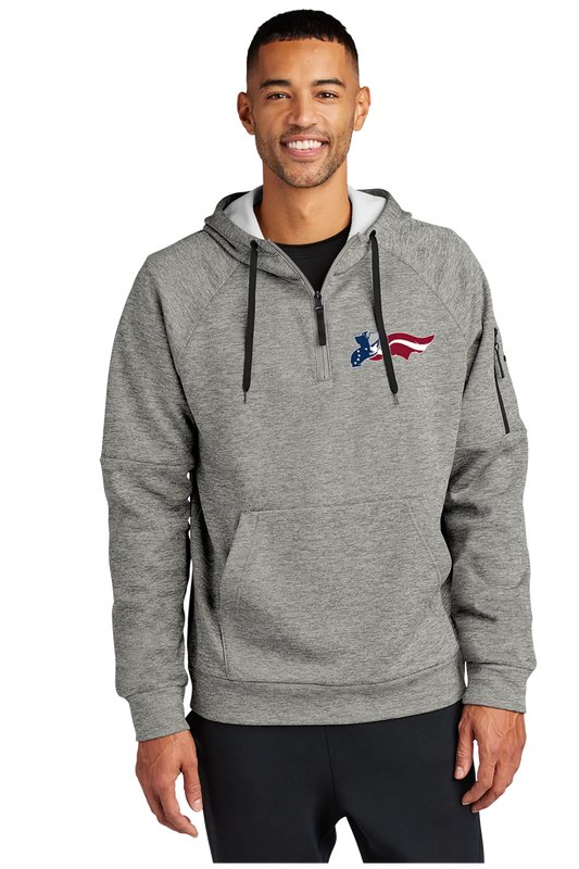 Man wearing a gray hoodie with a logo on a white background. Paper Street Print Co, Blairstown, NJ.