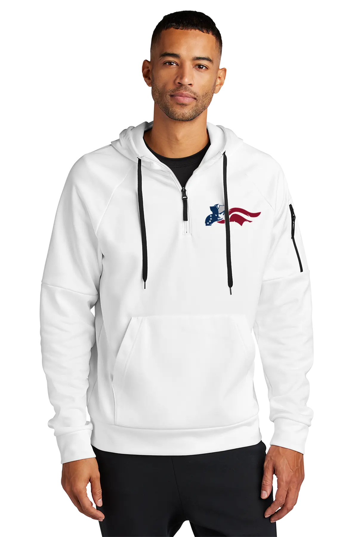 Man wearing a white hoodie with a logo on a white background. Paper Street Print Co, Blairstown, NJ.