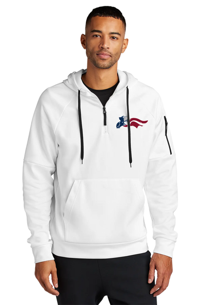 Man wearing a white hoodie with a logo on a white background. Paper Street Print Co, Blairstown, NJ.