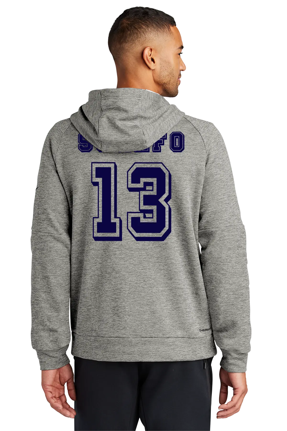 Person wearing a gray hoodie with 'Buffalo' and number '13' on the back, on a white background. Paper Street Print Co, Blairstown, NJ.